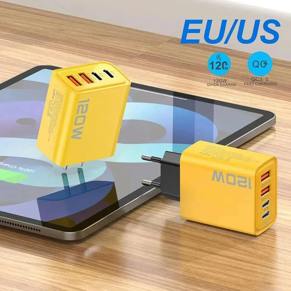 Yellow power adapter with multiple ports on a wooden surface next to a tablet.