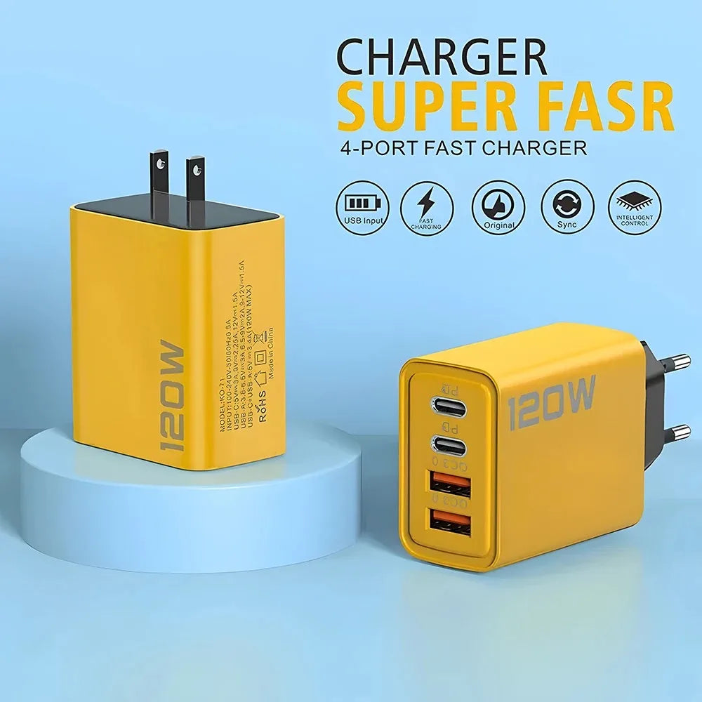 Yellow 120W 4-port fast charger on a light blue background with 'Charger Super FASR' text.