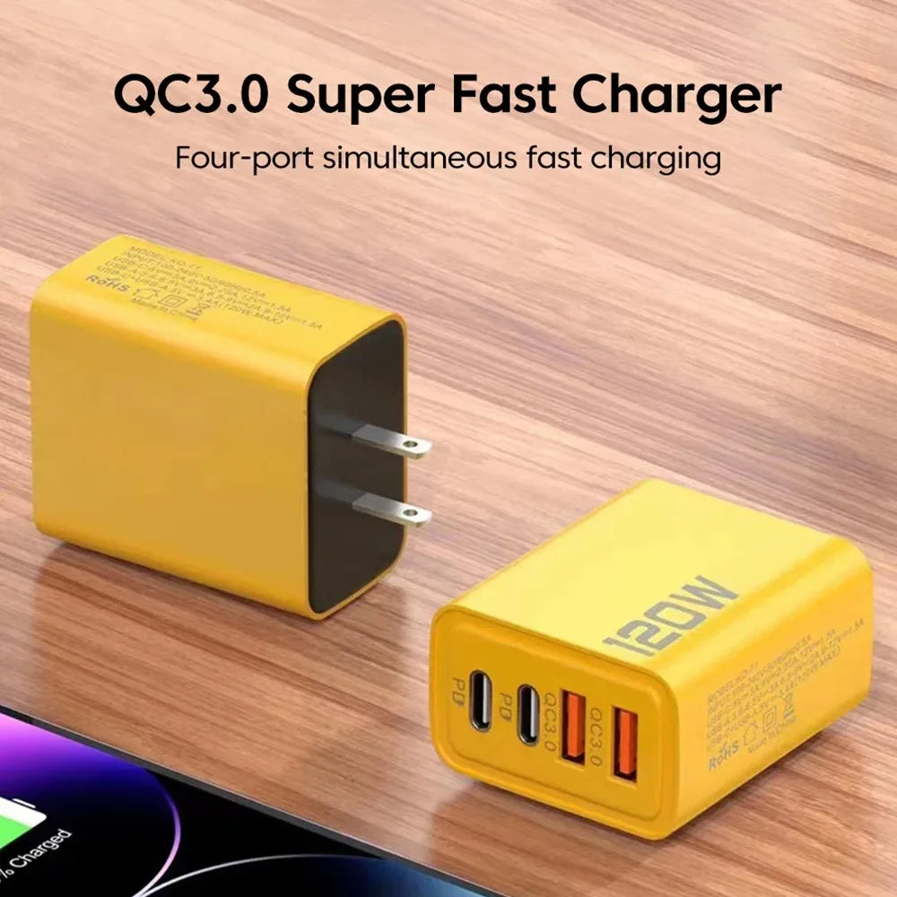 Yellow QC3.0 super fast charger with four ports on a wooden surface