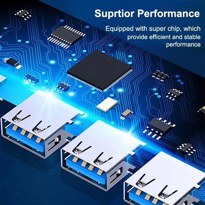 Electronic components on a circuit board with USB connectors, emphasizing superior performance