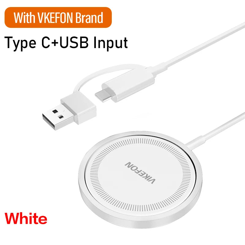 White VKEFON brand magnetic wireless charging pad with slim round design and dual USB plus Type-C input.