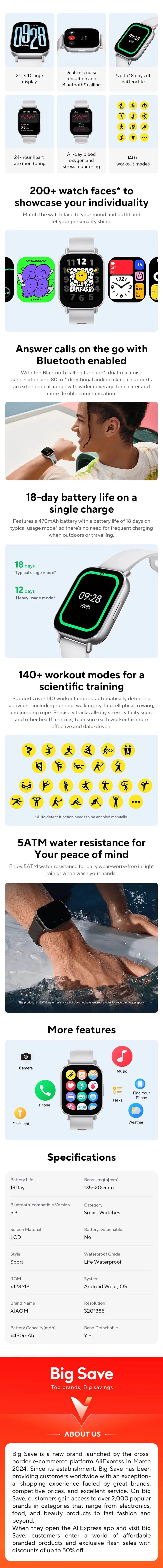 Product advertisement with images of smartwatches and a phone, featuring text and ratings.
