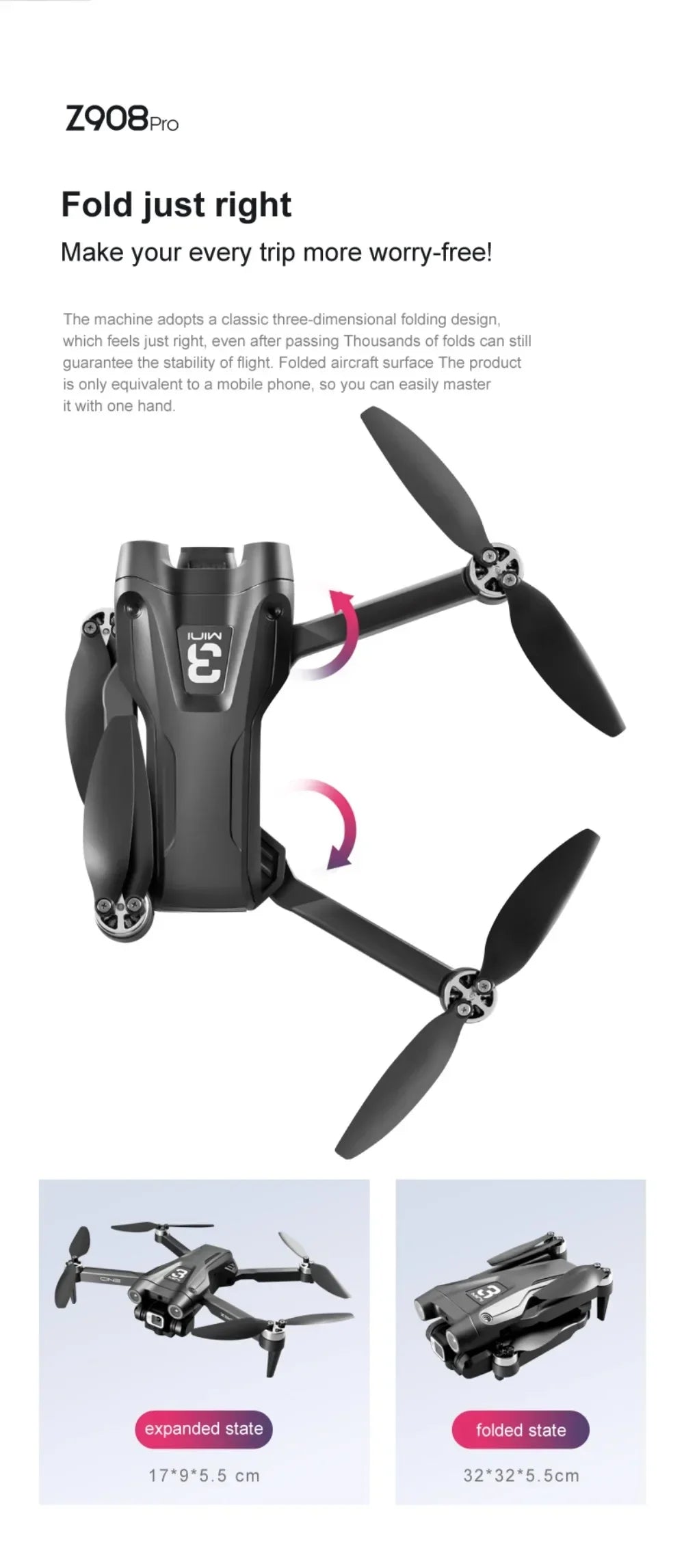 Black drone with folding propellers on a white background, featuring text about its features.