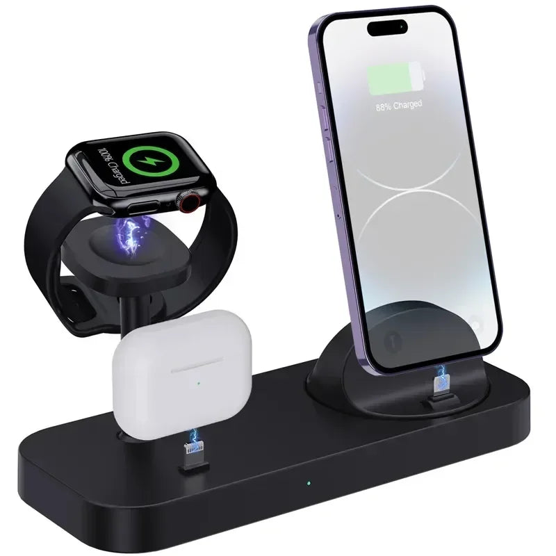 Multi-device charging station with smartphone, smartwatch, and earbuds on a white background