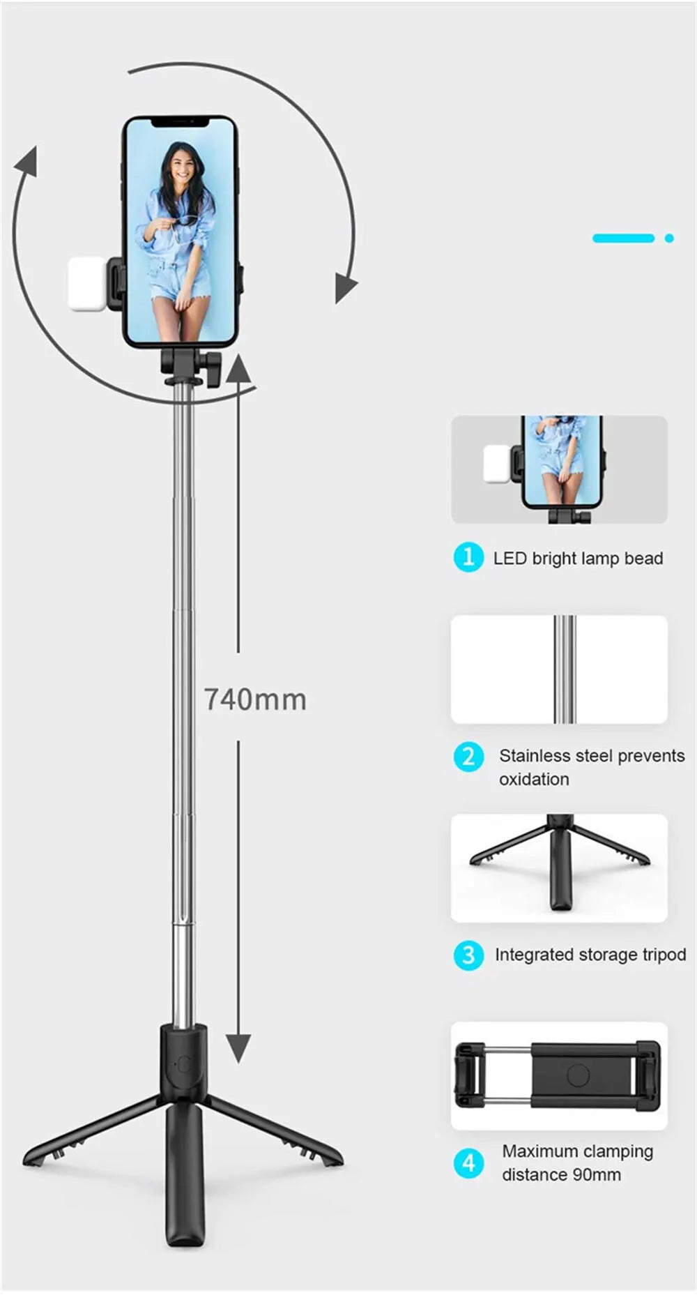 Smartphone holder with LED light and tripod on a gray background