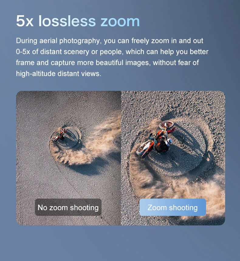 Comparison of aerial photography with and without zoom, showing a person on a motorcycle leaving tire tracks.