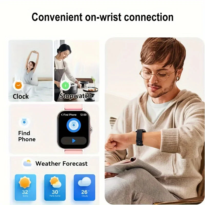 Smartwatch with app icons and a person using it, emphasizing on-wrist connection.