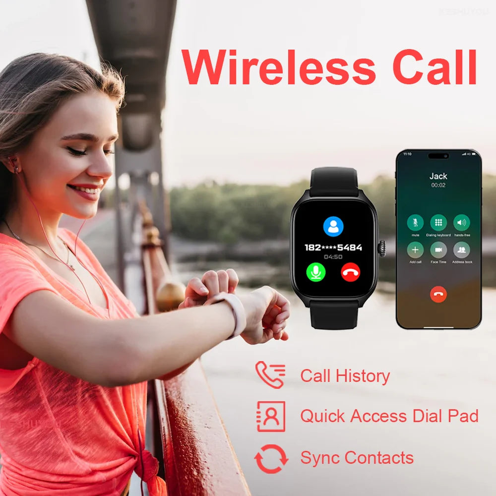 Woman using a smartwatch with phone interface, outdoors.