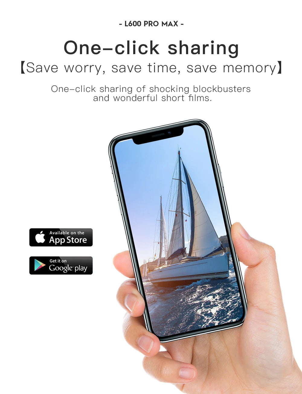 Hand holding a smartphone with a sailboat image on the screen, promoting one-click sharing feature.