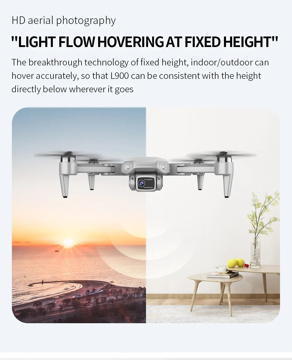 Drone with text about fixed height hovering technology on a scenic and indoor background