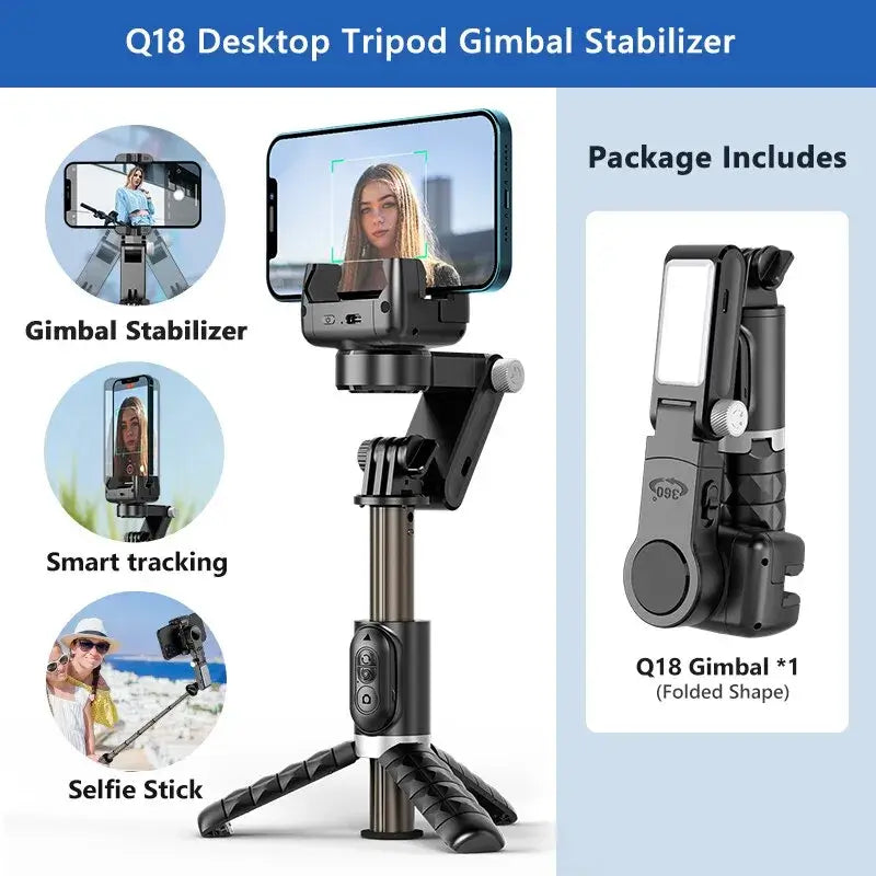 Q18 Desktop Tripod Gimbal Stabilizer with adjustable smartphone holder and multi-function control features