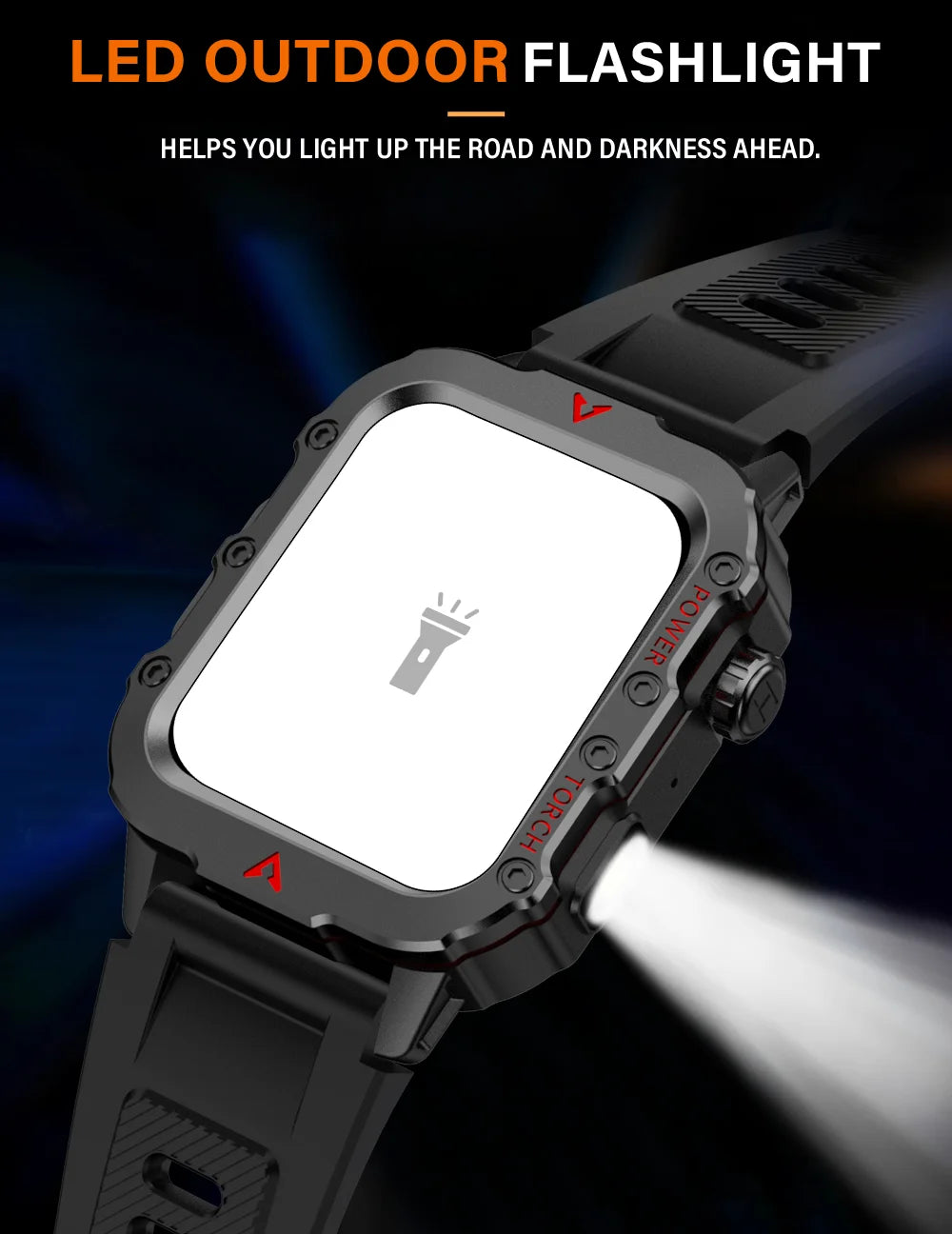 Black LED outdoor flashlight with a white light beam on a dark background