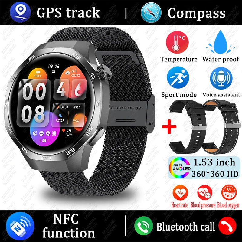 Smartwatch with features like GPS track, compass, temperature, waterproof, sport mode, voice assistant, NFC function, Bluetooth call, heart rate, blood pressure, and blood oxygen on a white background.