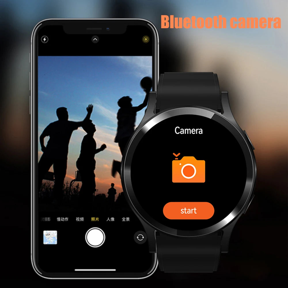 Smartphone and smartwatch displaying camera interface with 'start' button, silhouettes of people playing basketball in the background.
