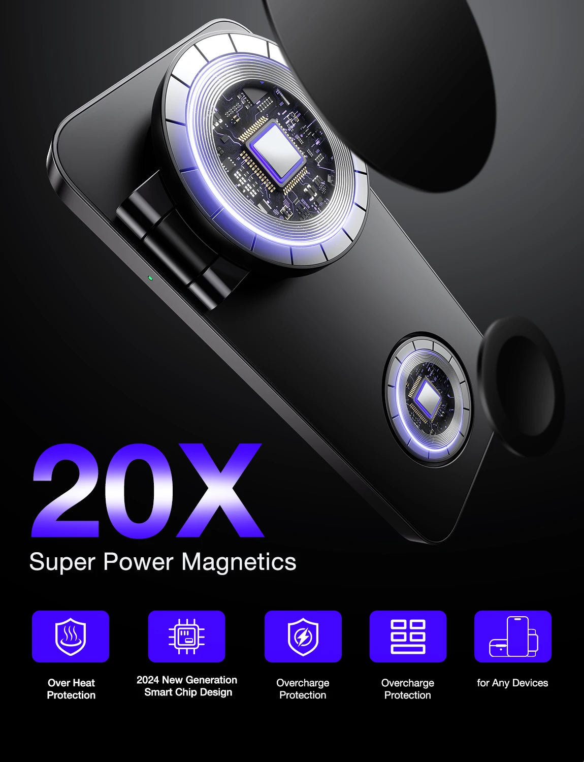 Phone case with super power magnets and features on a dark background