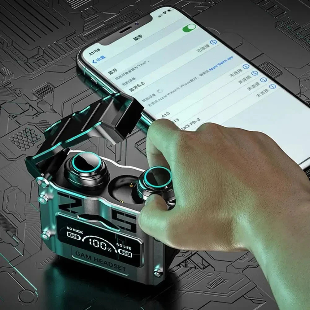 Hand holding a gaming controller with smartphone displaying app interface on a futuristic background