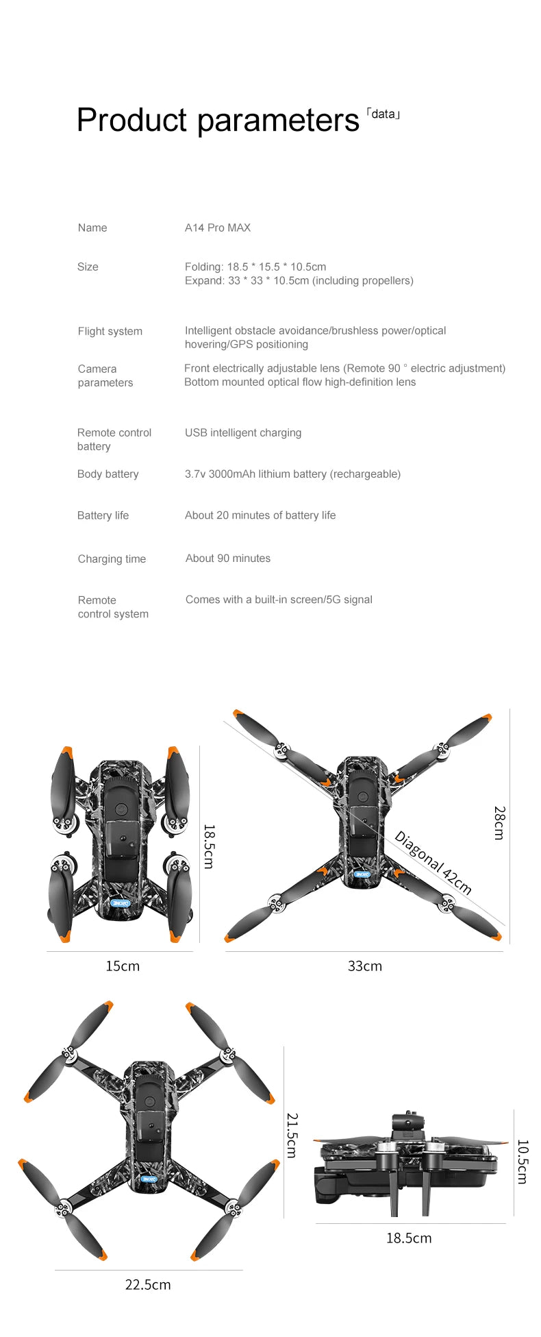 Product parameters of a drone with dimensions and features listed.