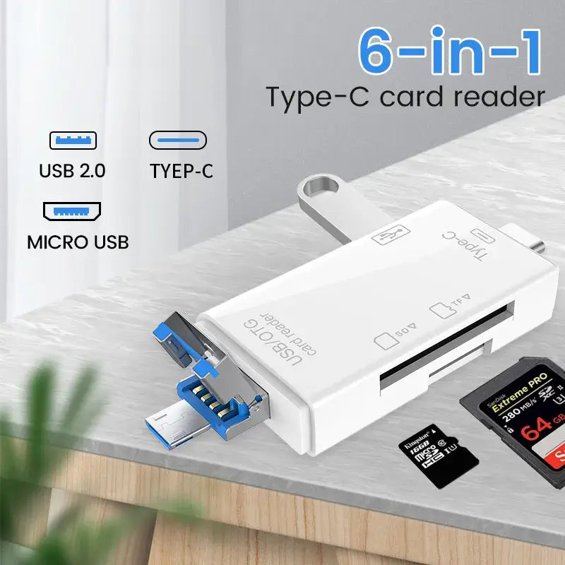 6-in-1 Type-C card reader on a desk with labeled ports and microSD cards