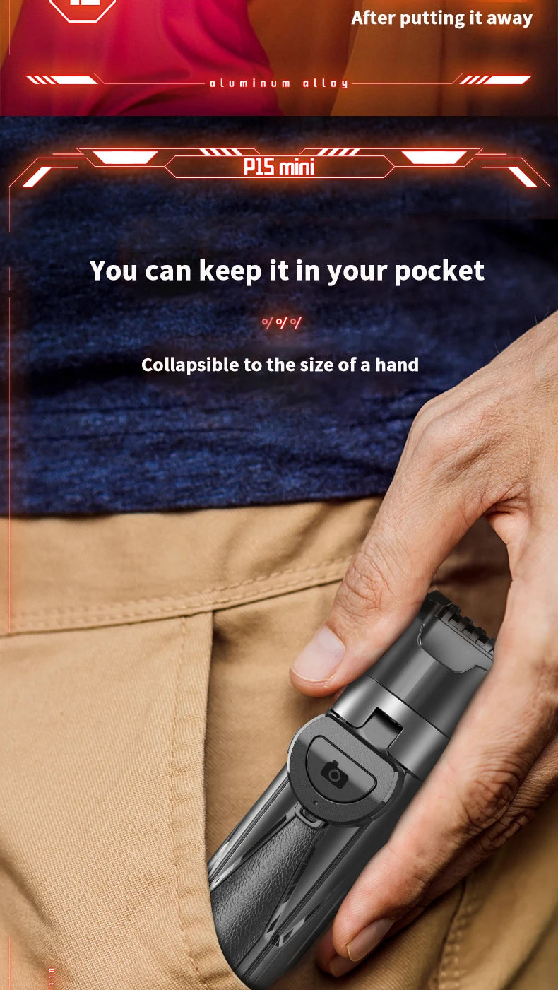 Hand holding a small device next to a person wearing a blue shirt and beige pants, with text about the device's size.
