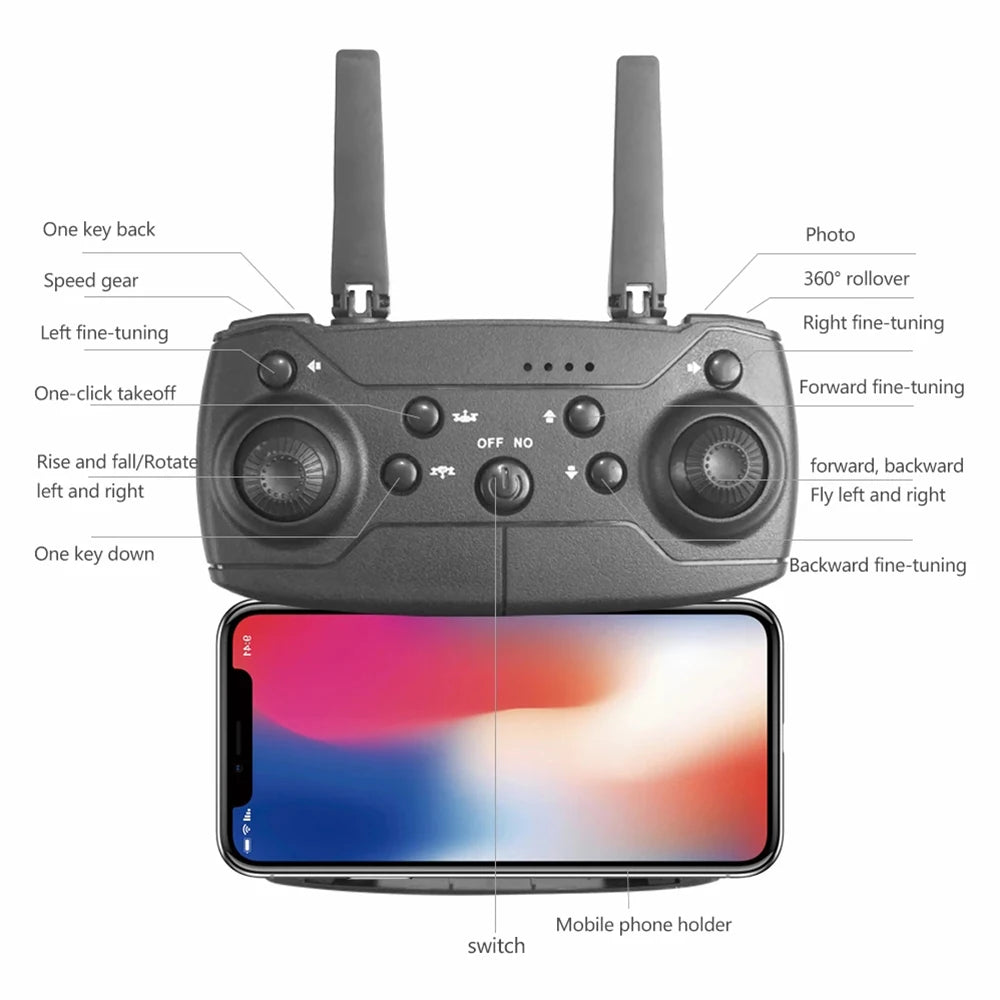 Black drone remote control with smartphone holder on a white background