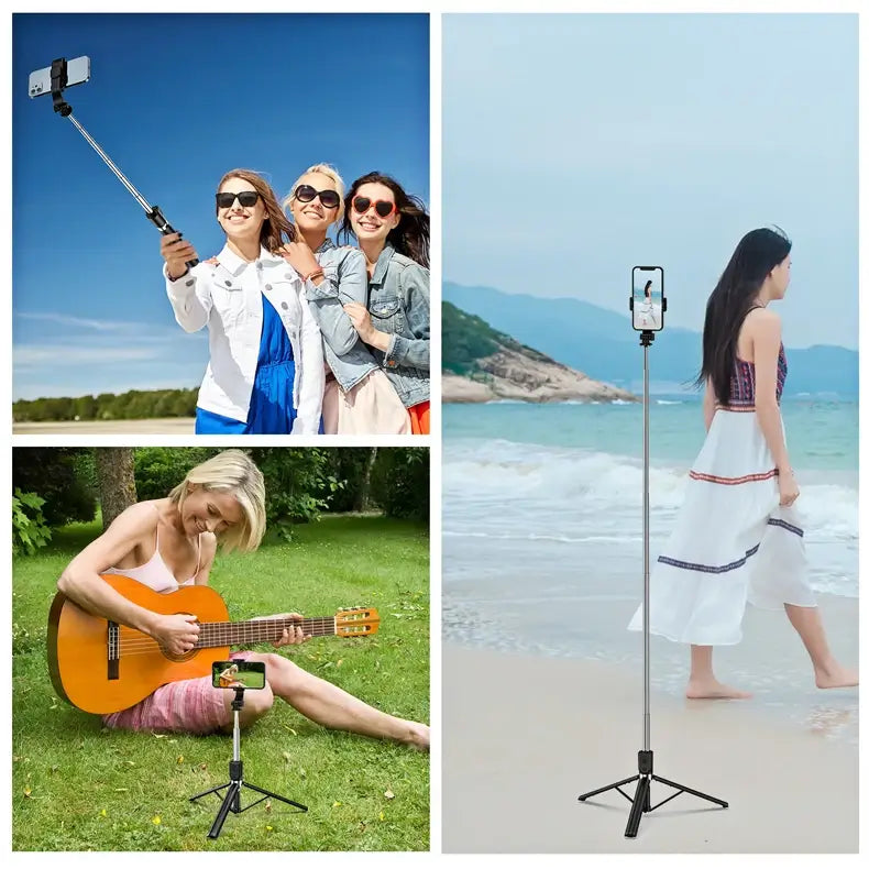 Collage of people using a smartphone selfie stick in various settings.