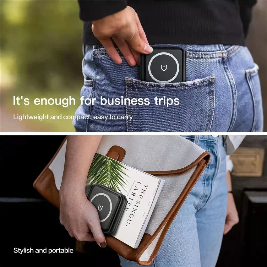 Person holding a small device in their pocket with text about its portability.