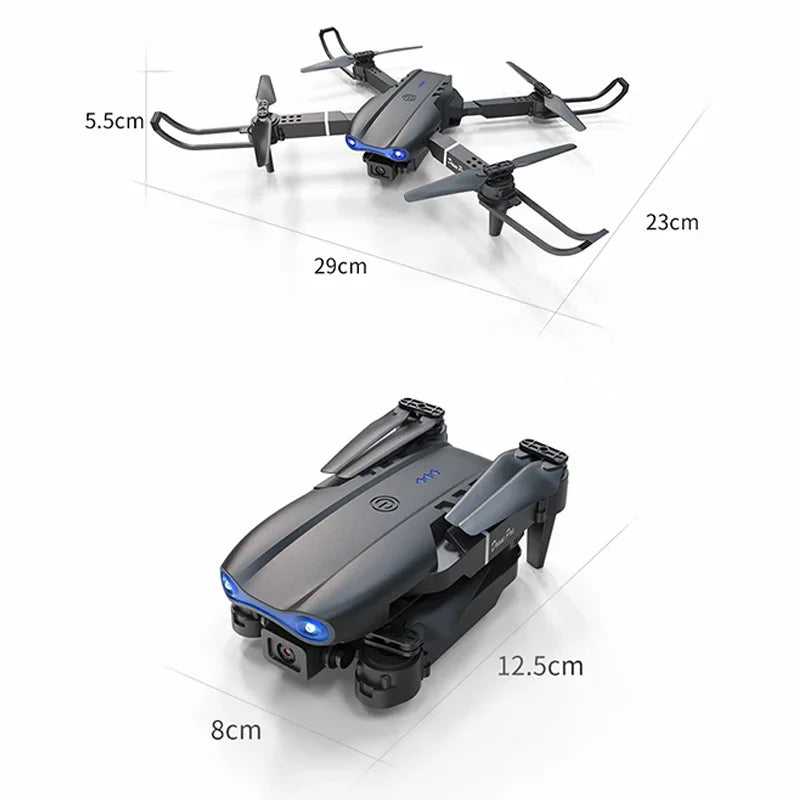 Black drone with measurements on a white background