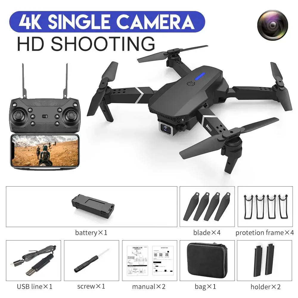 E88 Pro black foldable drone with remote control, camera, and accessories on a white background
