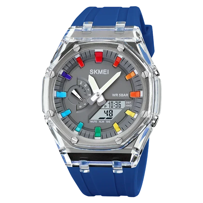 SKMEI men’s analog-digital watch with transparent case, blue silicone strap, and colorful dial markers