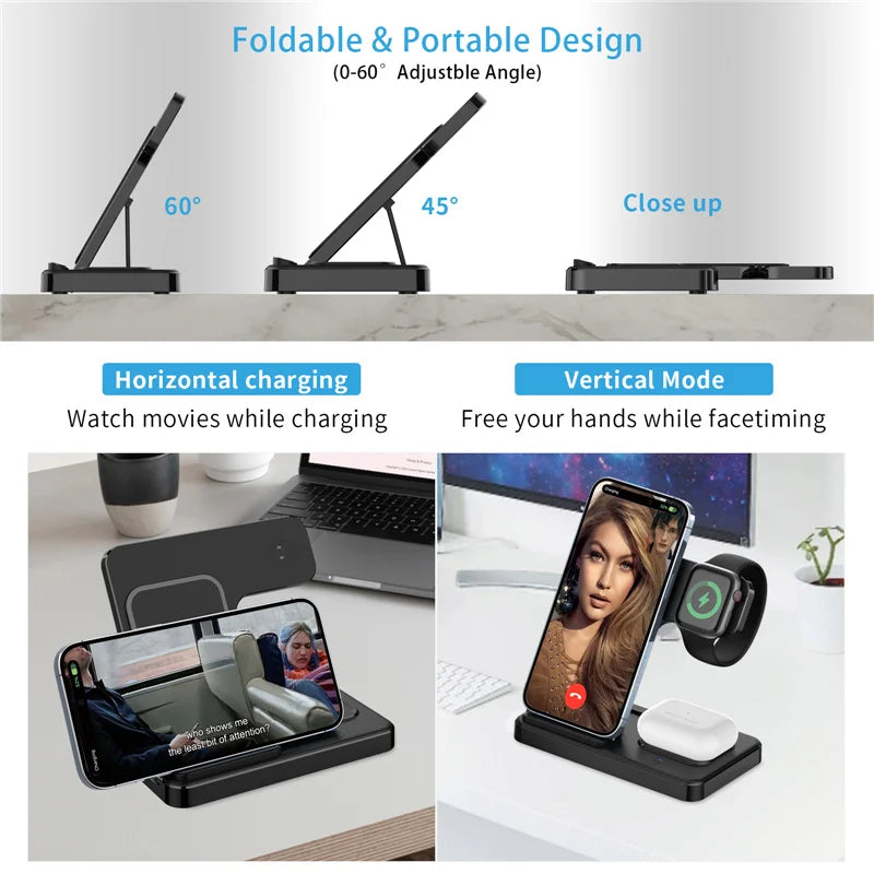 Foldable and portable phone and watch charging stand with adjustable angles on a white background.