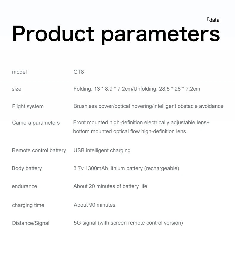 Product parameters table for a device model GT8 on a white background