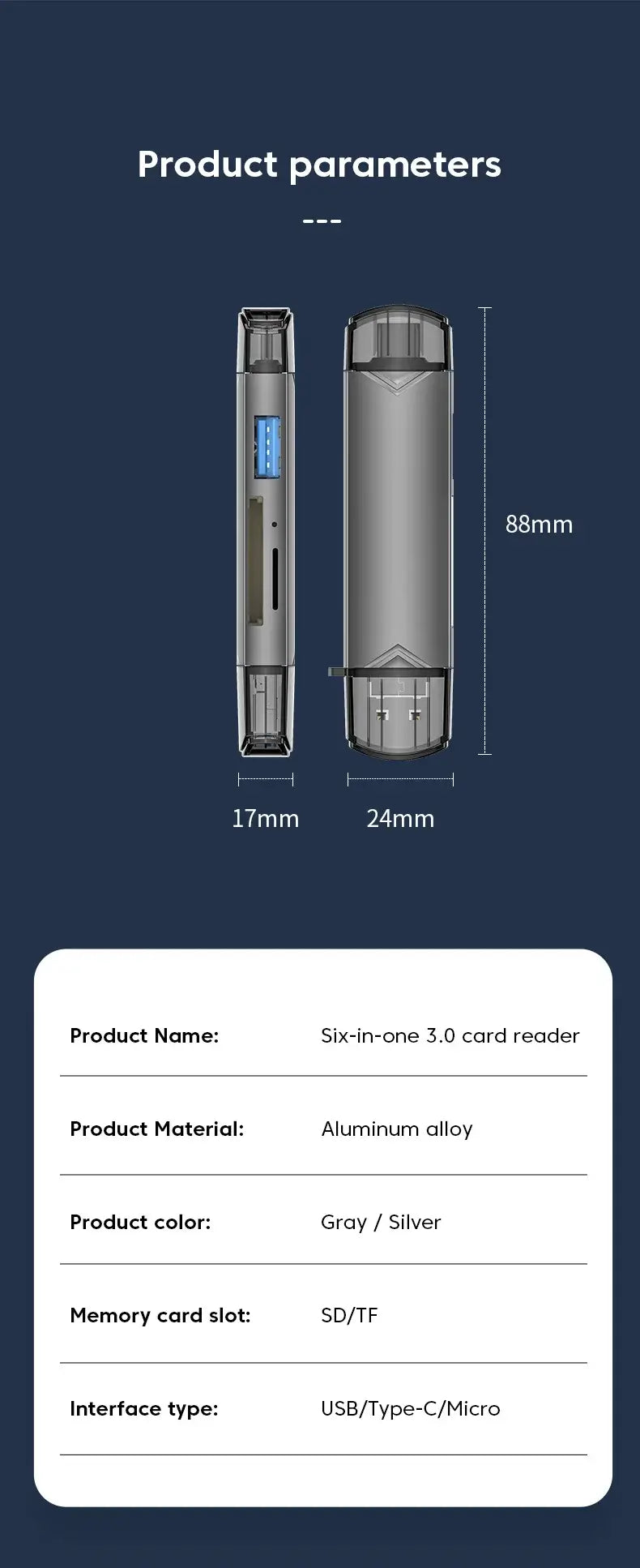 Product parameters of a six-in-one USB 3.0 card reader with dimensions and material details on a dark blue background