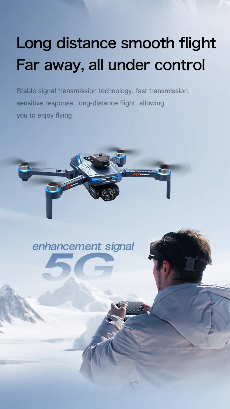Person controlling a drone with text about long-distance smooth flight and 5G enhancement signal.