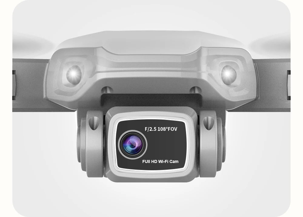 Camera with lens and branding on a white background