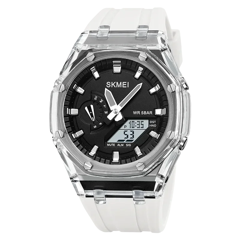 SKMEI men’s analog-digital watch with transparent case, white silicone strap, and black dial