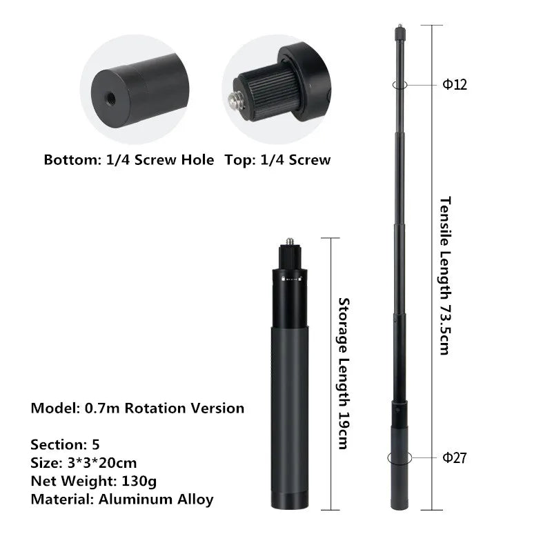 Black telescopic rod with specifications and measurements on a white background