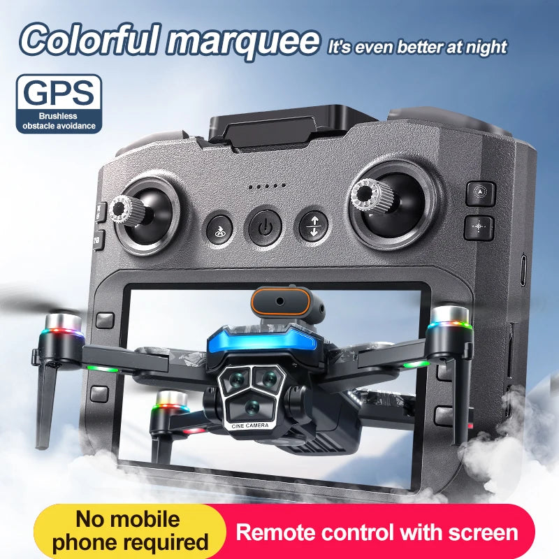 Remote control with screen for a drone, featuring GPS and no phone required text.