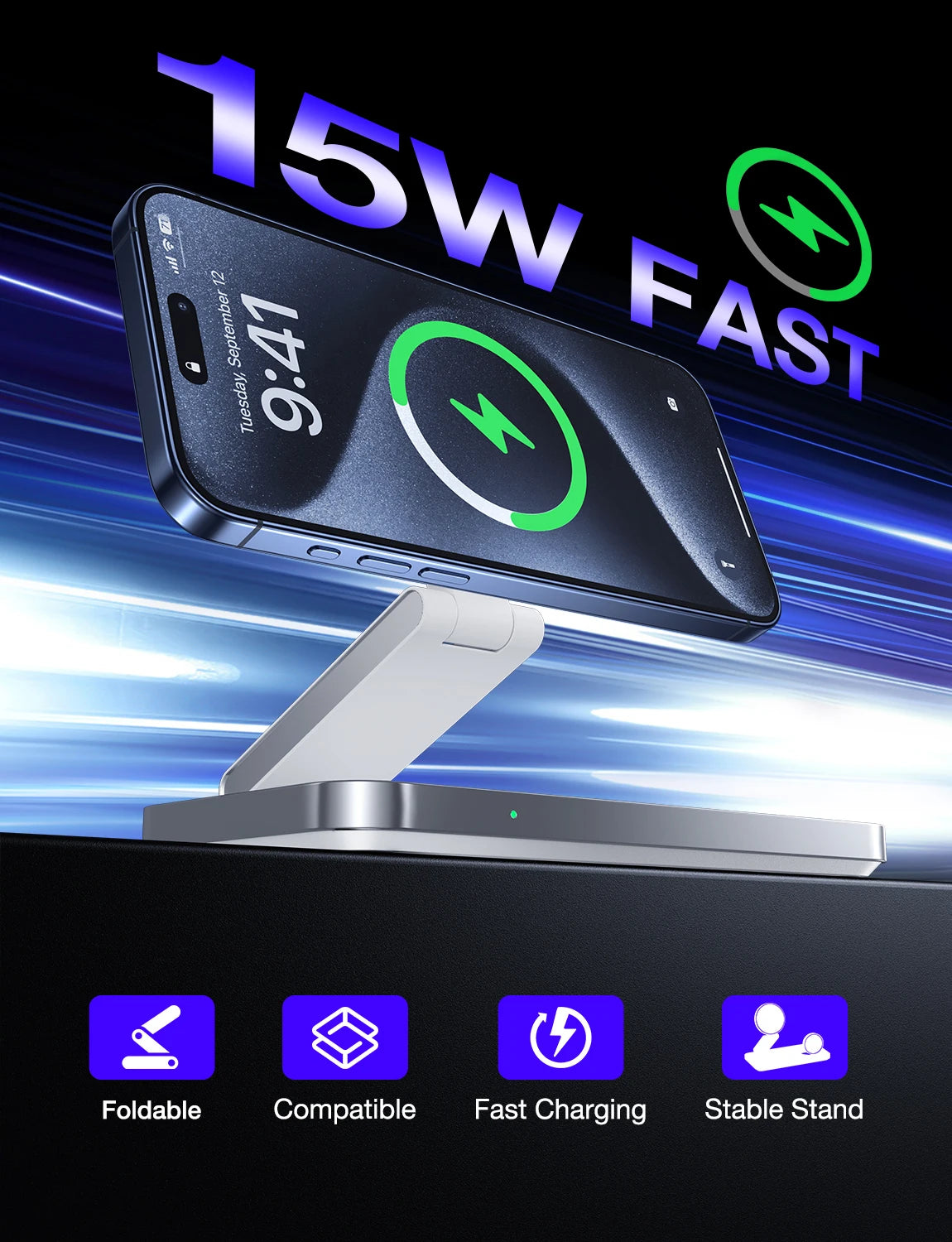 Wireless charging stand with smartphone on a black background, highlighting fast charging capabilities.