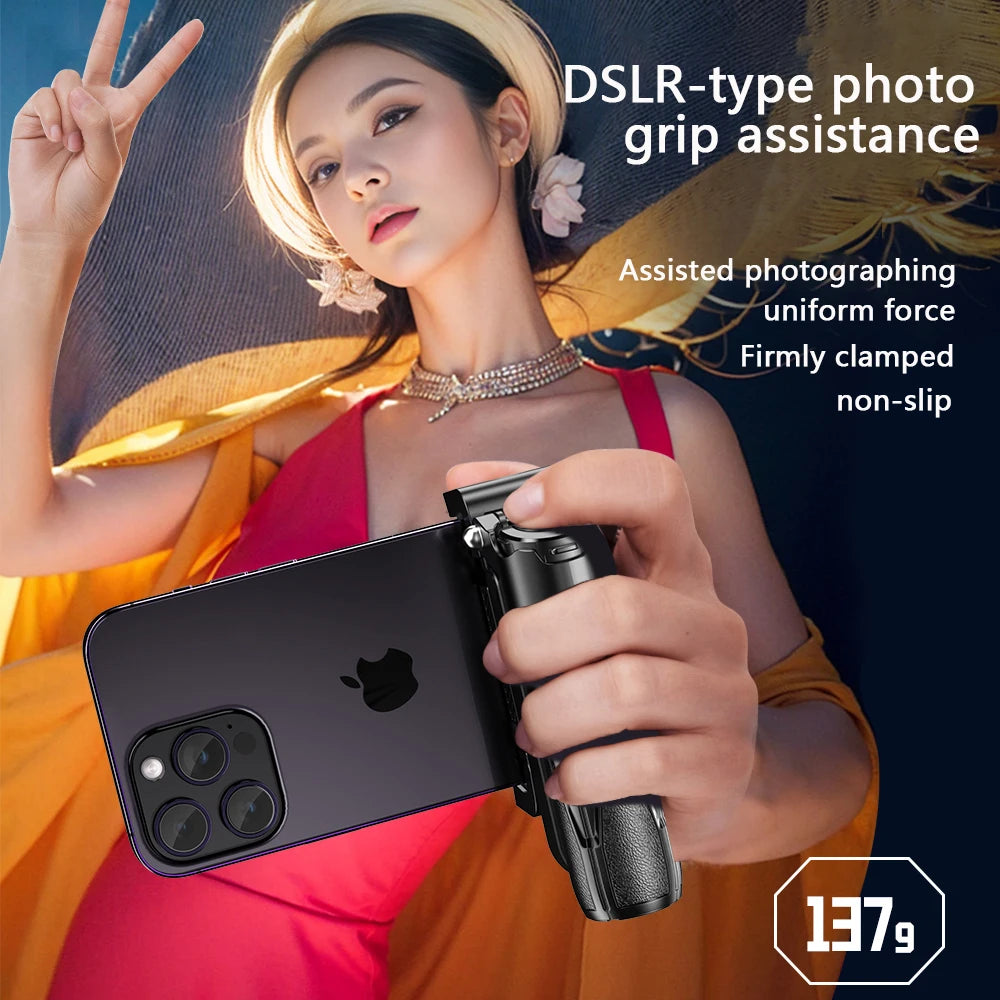 Woman holding a smartphone with a grip attachment, with text about DSLR-type photo grip assistance.