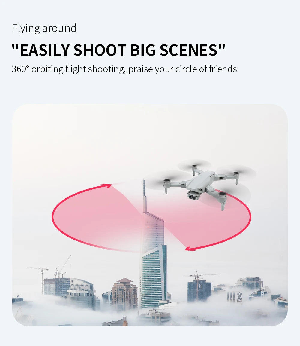 Drone with a cityscape background and text about 360-degree shooting capabilities.