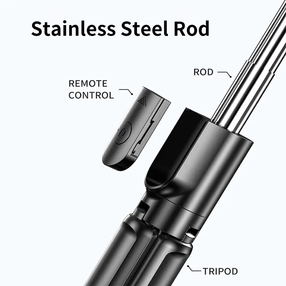 Wireless stainless steel selfie stick rod with remote control and tripod attachment on a white background