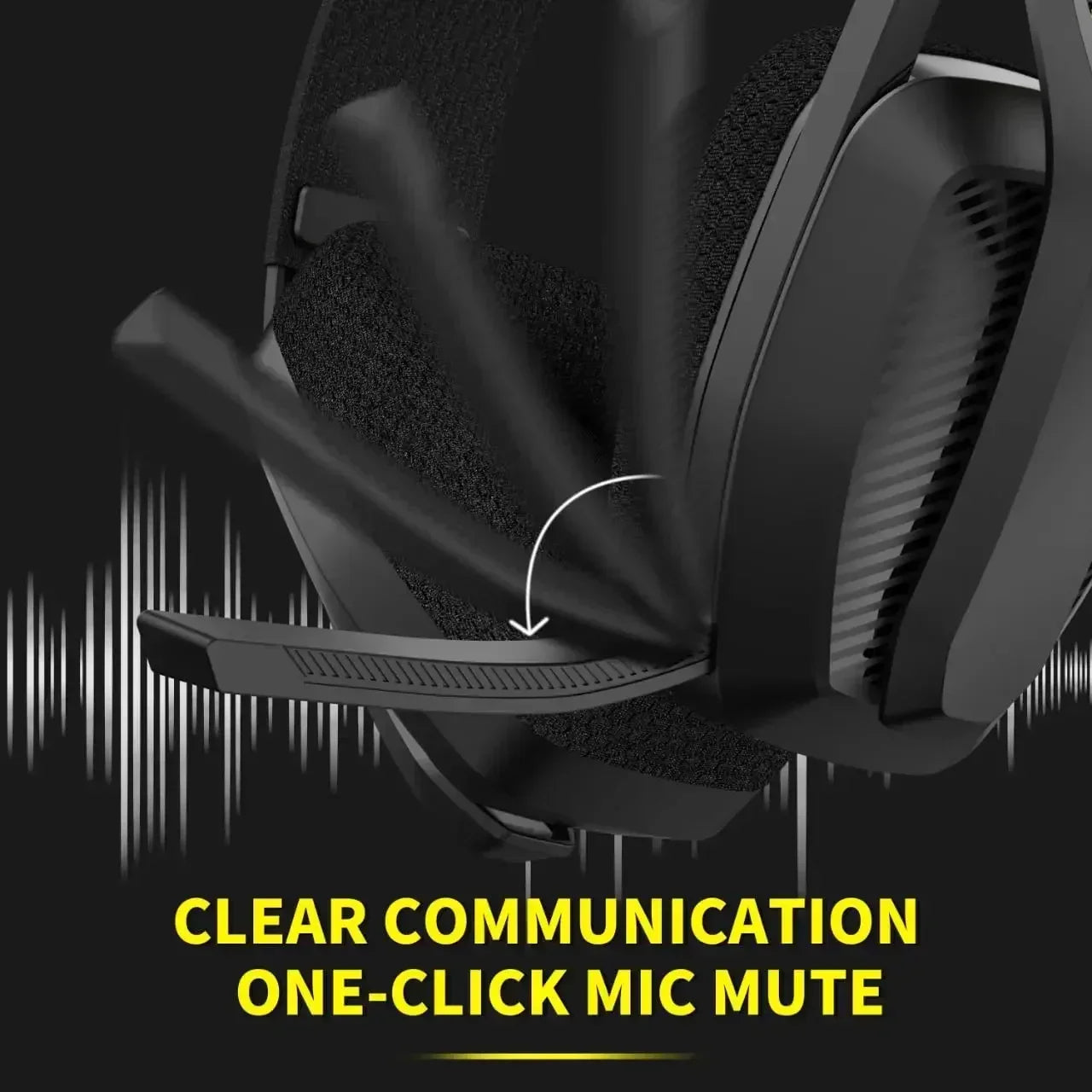 Black gaming headset with one-click mic mute feature on a dark background