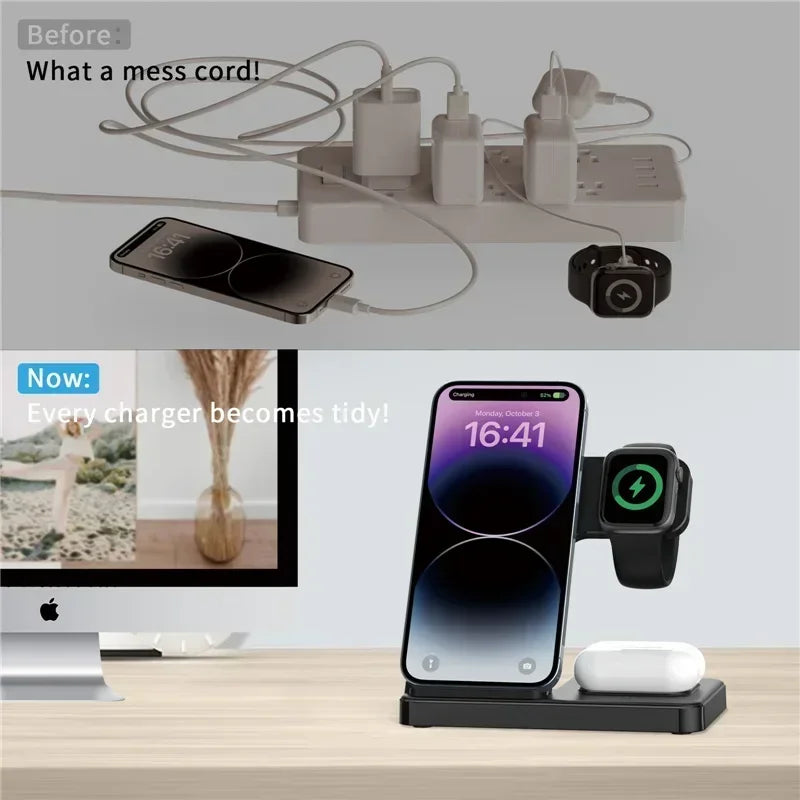Before and after comparison of a messy charging setup versus a tidy one with a charging station.