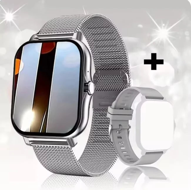 Smartwatch with a metal mesh band on a reflective surface