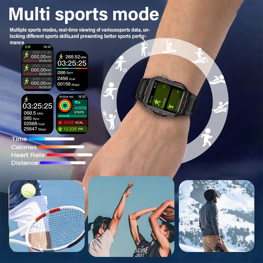 Smartwatch on a wrist with sports mode features displayed, including heart rate, distance, and calories.