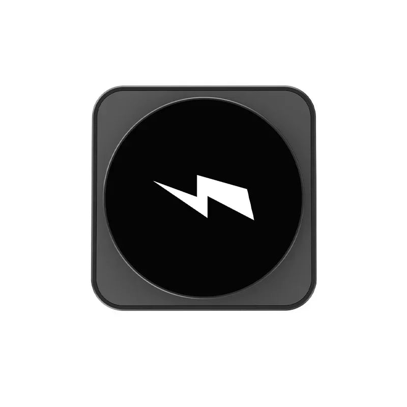 Black square with a white logo on a white background