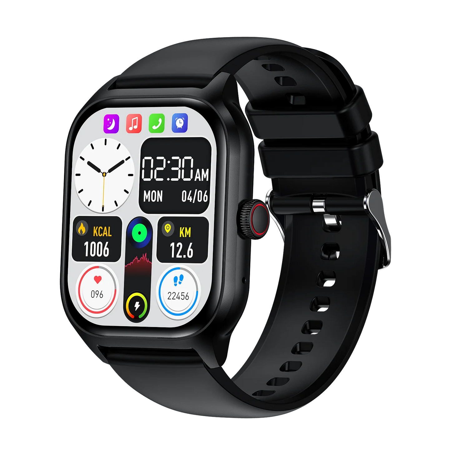 Black smartwatch with a colorful display on a white background