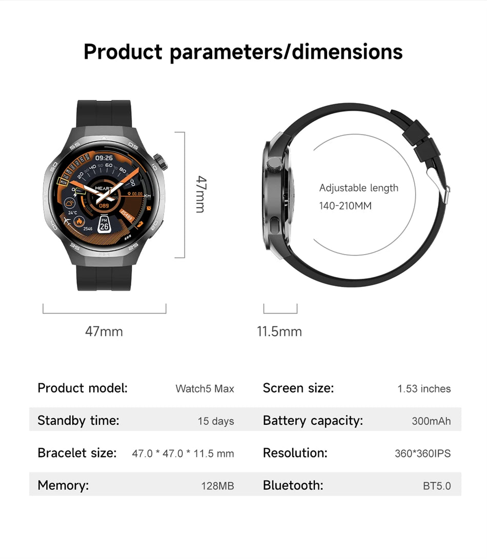 Product parameters and dimensions of a smartwatch on a white background