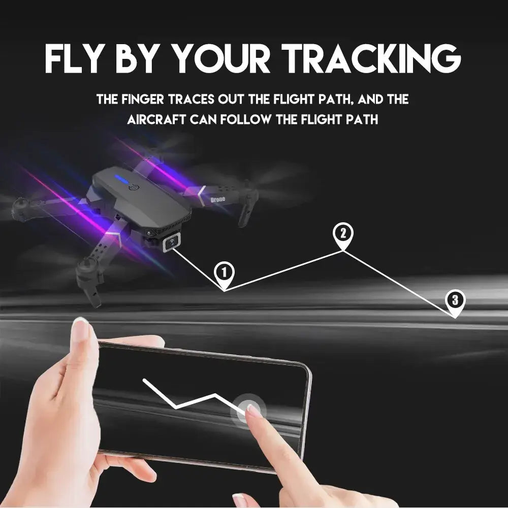 E88 Pro drone with smartphone app displaying tracked flight path on a black background