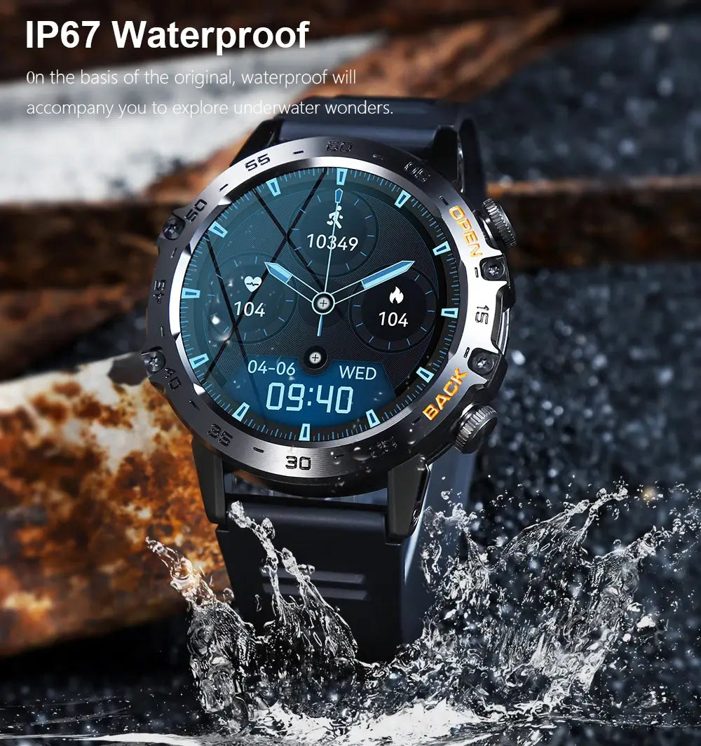 Melanda Smartwatch showcasing water resistance feature with water splash effect